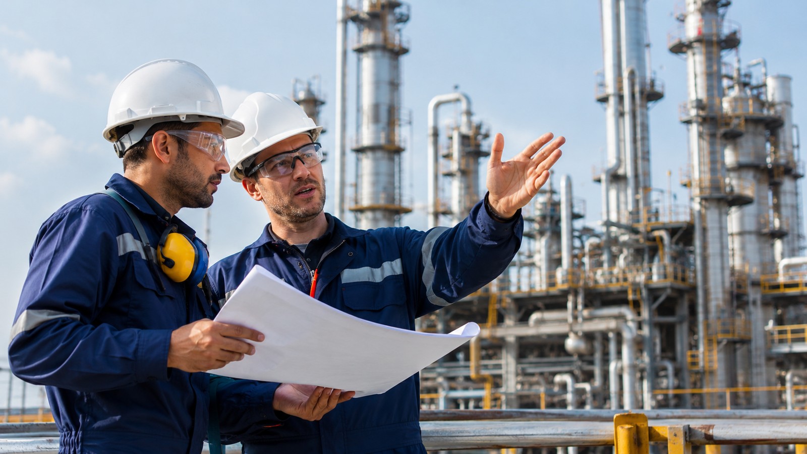 Engineers reviewing an industrial project on site